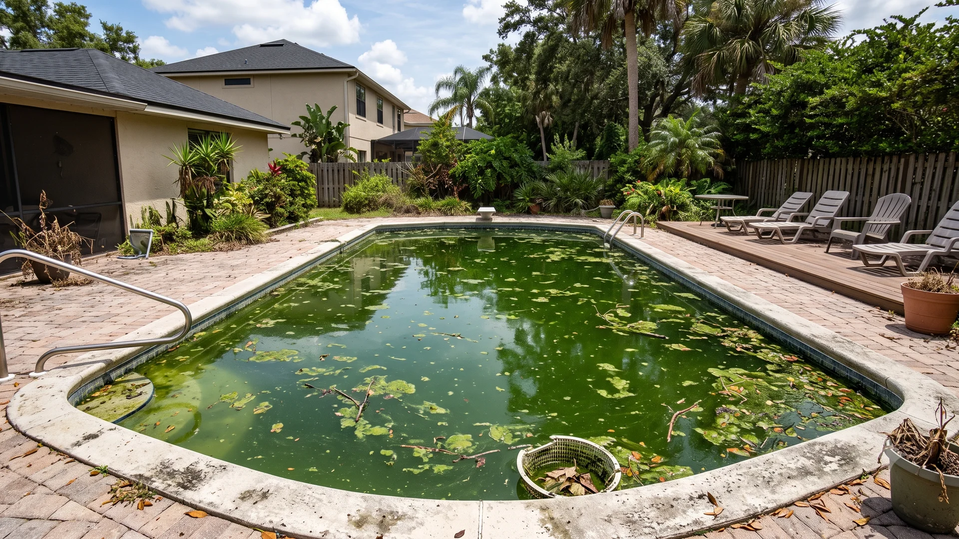 A green pool in an Auckland backyard